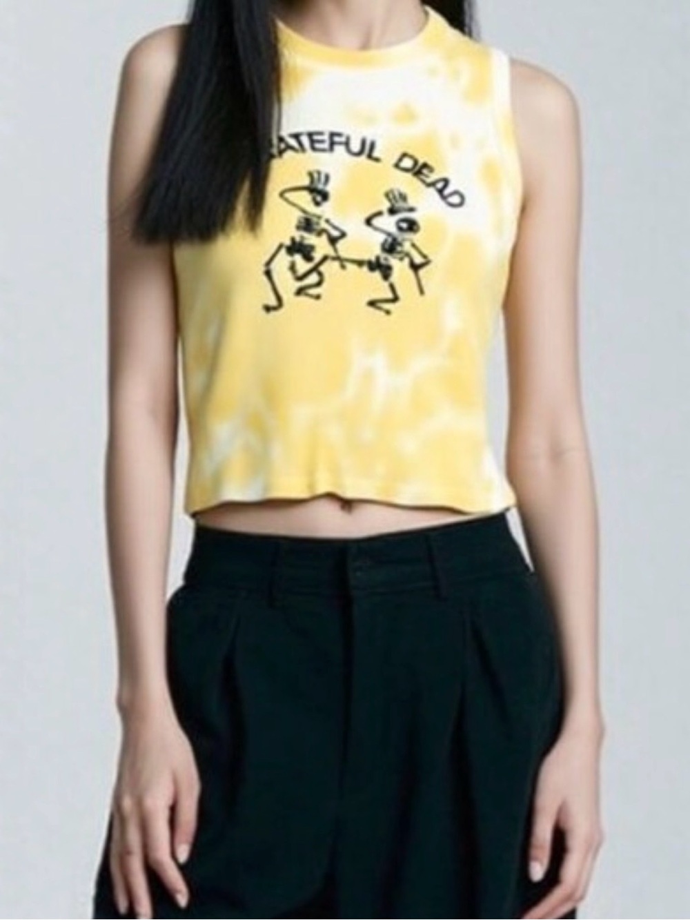 Grateful Dead Yellow Dancing Skeletons Ribbed Cropped Cotton Tank Top SZ. M EUC